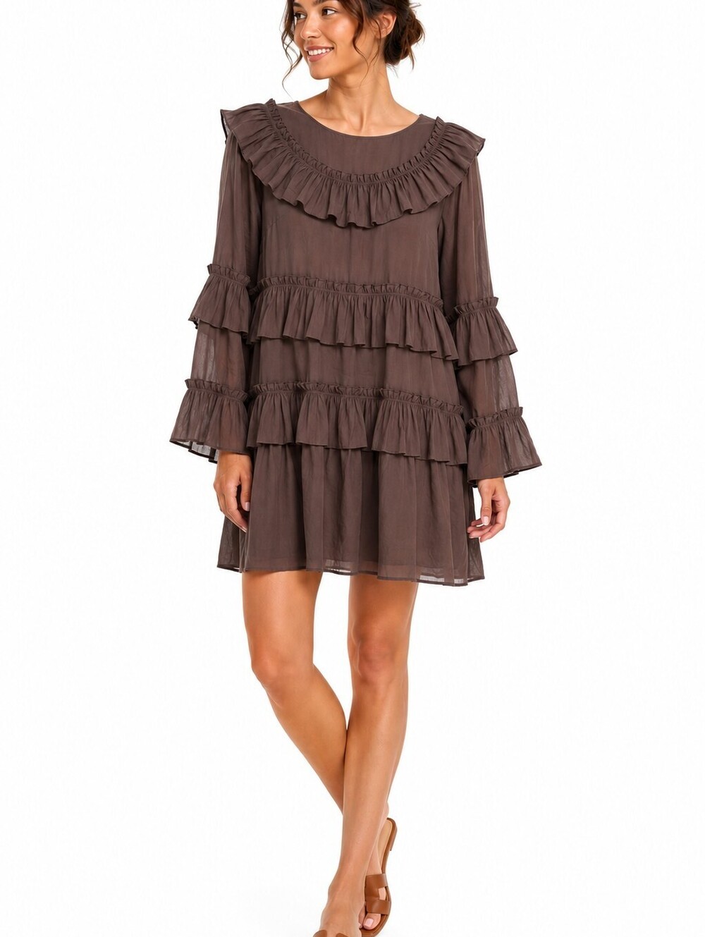 YAS Women’s Brown Ruffle Tiered Long Sleeve Mini Dress Size US 6 EU 38